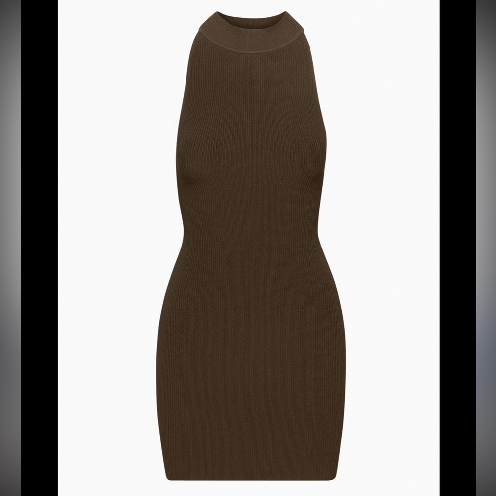 Babaton Sculpt Knit Halter Mock Neck Bodycon Mini Dress in Chocolate Brown XS
